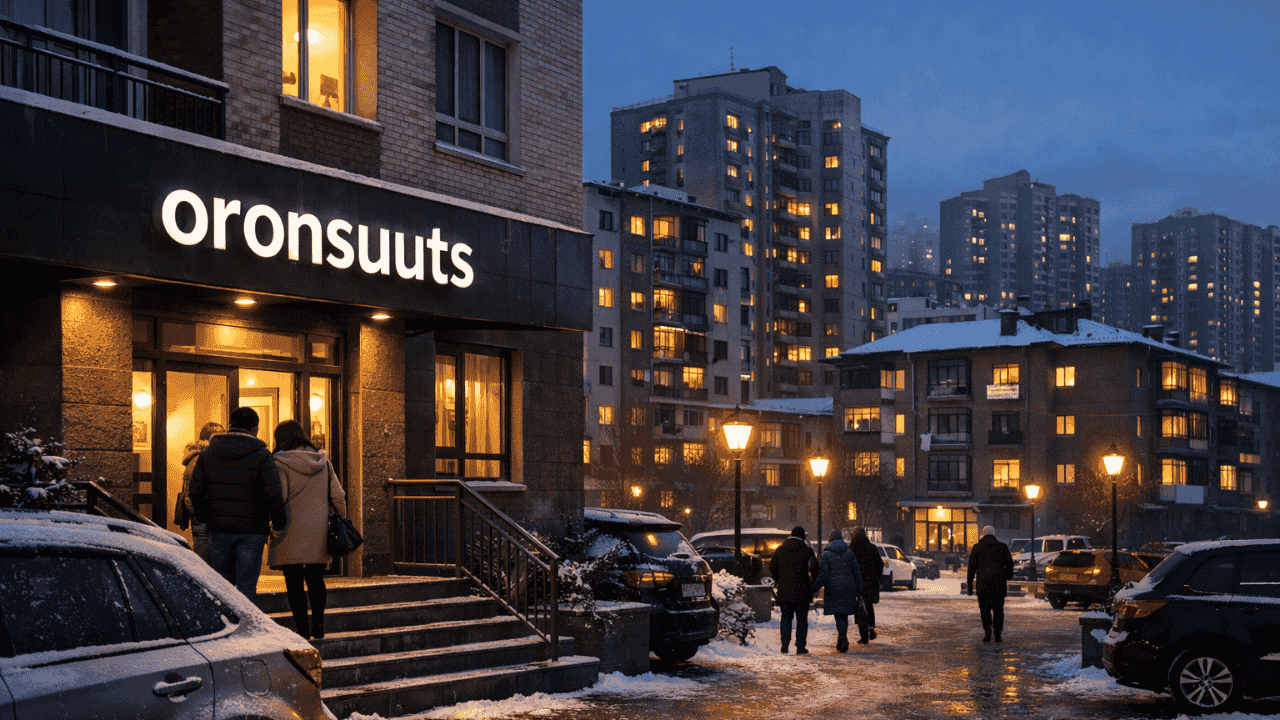 Nighttime scene of people entering an Oronsuuts building in snowy Ulaanbaatar, highlighting winter urban life.